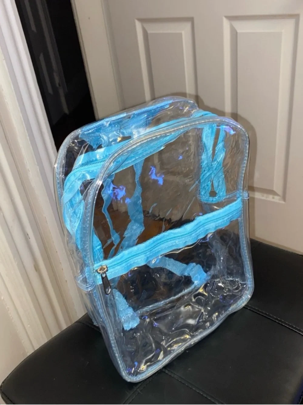Clear PVC Backpack with Light Blue Trim,women's adjustable bag
